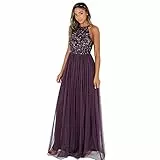Maya Deluxe Damen Abendkleid Pailletten Cocktailkleid Tüllkleid Kleid Nackenband Elegant Für Hochzeit Brautjungfernkleid Bridesmaid Dress, Berry, 38 EU