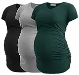 Smallshow Damen Umstandstop V Hals Schwangerschaft Seite Geraffte Umstandskleidung Tops T Shirt 3 Pack,Black-Deep Green-Light Grey,XL