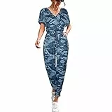 Ejoyous Damen Jumpsuit Lang, V-Ausschnitt Sommer Overall mit V-Ausschnitt Hoher Taille Damen Stretch Overall mit Kordelzug und Taschen(S-Blaue Tarnung)