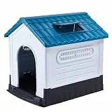 Lanco – Hundehütte für kleine Hunde mit verstellbarem Schiebedach. Innen- und Außenbereich mit Belüftung. Widerstandsfähiges Material. 68x55x66cm. Blau und weiß.