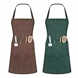 Vicloon Küchenschürze,2 Stück verstellbare Schürze mit 2 Taschen,Maschinenwaschbar, farbecht Schürze für Männer Damen Küche Restaurant Café -Braun & Grün