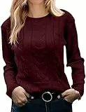 Runcati Damen Pullover Casual Einfarbige Langarm Kabel Stricken Crewneck Soft Elegant Chunky Pullunder Sweater,Weinrot,XL