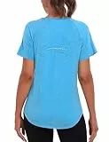 Wayleb Yoga Shirt Damen Rundhals Kurzarm Skin-Friendly Sporttop mit Gebogenem Rückenprint für Pilates Workout Activewear Blau S-XXL