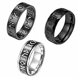 Flongo 3 Stücke Runenringe Set Fidget Ring 8mm Edelstahl drehbar Spinner Bandring Anti Angst Ringe mit Gravur Punk Wikinger Zappelring für Damen Herren Fingerring zu Geburtstag schwarz