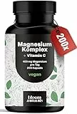 Magnesium Komplex hochdosiert - 200 Kapseln - 400 mg Magnesium pro Tag + Vitamin C, mit Bisglycinat, Citrat, Oxid, L-Ascorbat, Malat, vegan & produziert in Deutschland