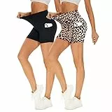 Missluck 2er Pack Radlerhose Damen Hohe Taille Kurze Sporthose Shorts Sommer Leggings Blickdicht Hotpants Unter Kleider für Yoga Sport, S-M, Schwarz/Leopard-mit Taschen