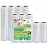 KitchenBoss Vakuumierbeutel 9 Rollen Vakuumierfolie：15x2/20x3/28x4/300cm Vakuumbeutel Lebensmittel, Reißfeste Einschweißfolie für Alle Vakuumierer, Sous Vide und Mikrowellen