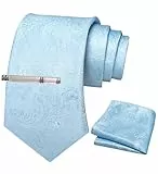 JEMYGINS Herren Paisley Krawatten set mit Krawattenklammer und Einstecktuch,Ätherisches Blau, Hellblau