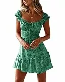 Imily Bela Damen Sommerkleid Rüschen Swing Strandkleid Elegant A-Linie Minikleid High Waist Kleid mit Kordelzug(Grün, L)