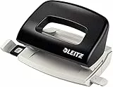 Leitz Mini Büro Locher aus Metall, kleiner Locher für 10 Blatt, Anschlagschiene mit Formatangaben, Ergonomisches Design, schwarz, 50580095