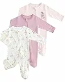 JiAmy Baby Schlafanzug Strampler 3er Pack Baumwolle, Unisex Baby Overall mit Reißverschluss, Fußteil und umklappbaren Fäustlingen Rosa 0 Monate