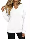 Aottori Sweatshirt Damen Langarm Pullover V-Ausschnitt Elegant Baumwoll Oberteil Casual Sexy Locker Langarmshirt Basic Herbst Winter Pulli Top Einfarbig Weiß L