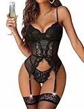 Avidlove Damen Body Sexy Dessous Set Spitze Reizwäsche Babydoll Corsage Curvy Teddy Bodysuit V-Ausschnitt Unterwäsche Lingerie BH- und Höschen-Set，SchwarzS