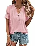 VEUNCOS Tshirt Damen Sommer V Ausschnitt Tunika Top Einfarbige Kurzarm Bluse Rosa S