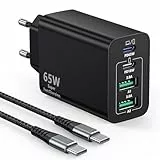 USB C Ladegerät 65W mit Ladekabel, 4-Port GaN Schnellladegerät, 65W Netzteil Laptop Power Adapter kompatibel mit MacBook Pro/Air/iPad/iPhone 15/16 Pro Max/Galaxy S23/S24 （2M USB C-C Ladekabel）