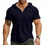 Ophestin Herren Kurzarm Kapuzenpulli Lässige T Shirts Mode Sportliche Hoodies Knopf Sweatshirt Blau M
