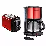 Moulinex LT261D Toaster Subito, rot metallic,Rot, Schwarz & FG360D Filterkaffeemaschine Subito | Glaskanne | 10-15 Tassen | Automatische Abschaltfunktion | Edelstahl | Rot/Schwarz
