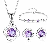 Kamise Schmuck Set Damen, Ohrringe Armband Kette Silber 925 Damen, Lila Kleeblatt Schmuckset Silber, 45+5 Silberketten Anhänger Ohrstecker Armbänder Set, Schmucksets mit Geschenkbox