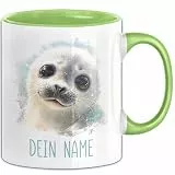 Robben Tasse mit Namen – Personalisierte Kaffeebecher Geschenkidee süßes Tiermotiv Namenstasse (Grün)