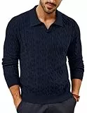 PJ PAUL JONES Pullover für Herren mit V Ausschnitt Zopfmuster Strickpullover Troyer Pullover Herren L Marineblau