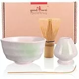 Goodwei Matcha Set mit Matcha Besen, Matcha Schale und Besenhalter aus Keramik | Geschenkset (Shiro)