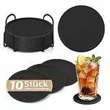 HELIMIAO Untersetzer Gläser Silikon mit Halter,rutschfest Glasuntersetzer mit Hohem Rand für Auslaufschutz,Hitzebeständig Tassenuntersetzer für Couchtisch,Esstisch&Bar,10Stück mit Halter Schwarz