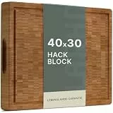 LARHN Hackblock aus Bambus karbonisiert, 40 x 30 x 4 cm, Massiver Stirnholz Hackblock & Schneidebrett mit Saftrille und integriertem Griff, robust für anspruchsvolle Küchenarbeit