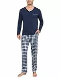 Bresdk Schlafanzug Herren Lang Baumwolle Hausanzug V Ausschnitt Langarm Pyjama Nachtwäsche Winter Karierte Pyjamahose, Dunkelblau, L