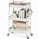 KINGRACK Rollwagen mit 3 Ebenen, Metallwagen mit abnehmbarem Holztablett, Aufbewahrung, Kunstwagen, Trolley, Organizer, Servierwagen, einfache Montage