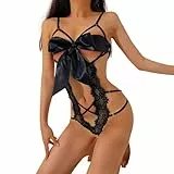 BSBUY Dessous Damen Spitze Body Babydoll Teddy Bodysuit mit Bogen Mesh Unterwäsche Translucent Spitze Riemchen Dessous Overall Lingerie Verstellbar V-Ausschnitt Reizwäsche Lingerie Negligee (Schwarz)