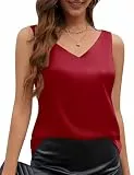 CMTOP Damen Satin Tank Top Strap Basic Cami Sommer Weste Shirt V-Ausschnitt Blusentop Sexy Ämellose Blusen Top Casual Camisole(Rot, XL)