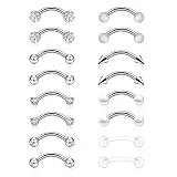 Longbeauty 16G Edelstahl Augenbrauen Piercing CZ Gebogen Bananen Barbells Bauchnabelpiercing Tragus Daith Helix Knorpel Punk Stil mit Ketten, 16 Stk