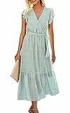 ASOMI Kleid Damen Sommer Boho: Blumen Herbst Wickelkleid Frühling Mode Lang Maxikleid V-Ausschnitt Casual Kurzarm Strandkleid Langarm Rüschen Freizeitkleid mit Gürtel 121 Hellgrün 40