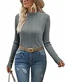 OUGES Damen Pullover Mock Neck Strickpullover Pulli Herbst Winter Basic Top Passform Langarmshirt Winterpullover(Grau,XL)