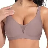 Generisch BH Damen ohne bügel, Soft Seamless BH Comfort Push Up Bügelloser Bra, b Ware, V-Ausschnitt, 3D, Nahtloser Entlastungs Tshirt Schlaf BHS, Klassische Sport Bustier Mit Weicher Stütze, Braun M