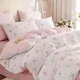 Tospass Mädchen Bettwäsche 135x200 Blumen Weiß Rosa Grün Floral Gitter Bettwäsche-Sets Kinder Mikrofaser ÖKO-TEX Bettbezug 1 Deckenbezug mit Reißverschluss und 1 Kissenbezug 80x80cm