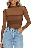 Zeagoo Langarmshirt Damen Rundhal Netzoberteil Sexy Party Top Mesh T Shirt Langarm Frauen Clubwear Für Halloween Karneval Braun L
