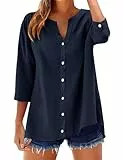 Rapbin Damen T-Shirts Lässig Baumwolle Leinen Blusen 3/4-Ärmel Leinen-Baumwolle V-Ausschnitt Knöpfe Uni Locker Ärmel aufrollen(Marineblau,XL)