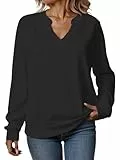 Tankaneo Sweatshirt Damen V Ausschnitt Pullover Leicht Elegant Langarmshirts Casual Baumwoll Oberteil Sexy Locker Pulli Basic Top Einfarbig Schwarz M