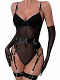 EVELIFE Damen Sexy Body Reizwäsche 3-teiliges Set – Verführerisches Spitzen-Mesh Bodysuit mit Strumpfhalter & Handschuhen, Elegantes Dessous Outfit für Frauen, Schwarz, 36