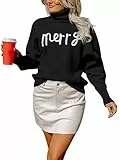 KOJOOIN Strickpullover Damen Winter Casual Langarm Elegant Rollkragenpullover Stricken Pulli Sweatshirt Weihnachtspullover Merry Christmas Schwarz L
