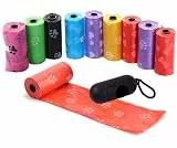 150x Hundekotbeutel bunt mit Aufdruck 30 x 22 cm (10 Rollen mit 15 Beutel) + Beutelspender mit Leinenclip schwarz