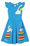 SFreeBo Einhorn Kleid Mädchen Sommerkleid Kinder Rüschenärmel Bunt Taschen Gesticktes Regenbogen Kleid Mädchen 128