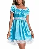 Satini Dessous Satin Sissy Babydoll-Stil Rüschen Rüschen Spitze Unterkleid Nachtwäsche Kleid (Türkis, XXL)