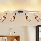 GBLY Deckenstrahler 4 Flammig Deckenleuchte: Vintage Deckenlampe Schwarz Holz Spots 350°Schwenkbar E14 Deckenspots Retro Wandstrahler für Wohnzimmer Schlafzimmer Küche Ohne Leuchtmittel