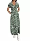 SweatyRocks Damen T-Shirt Kleid Lang Lässig Freizeitkleid Basic Kleider A Linie Sommerkleid Casual Midikleid Kurzarm Urlaubkleid mit Blumenmuster Grün L