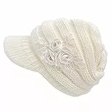 FSSTUD Damen Winter Warme Gestrickte Strickmütze Strick Beanie Mütze mit Schild Cap Weiß