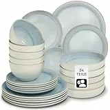 tectake® 24-teiliges Tafelservice 6 Personen, Steingut Geschirrset 6 Personen, handgefertigtes Teller Set mit Schüsseln, Geschirr Set spülmaschinen- und mikrowellengeeignet - Shore Stone