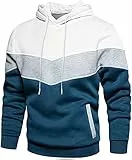 Loveternal Pullover Herren Blau Weiß Patchwork Hoodie Langarm Basic Sport Kapuzenpullover Farbblock Fleece Damen Farbblock Casual Sweatshirt Outwear Pulli mit Tasche, XL