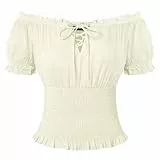 SCARLET DARKNESS Damen Renaissance Trachtenbluse Schulterfrei Gesmokte Bluse Baumwolle Mittelalter Tops Creme XL